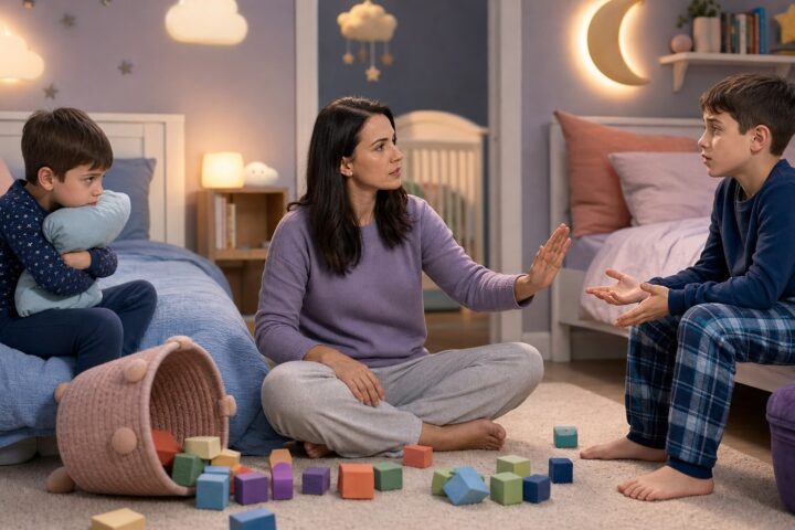 Caregiver holds a stop hand between two brothers after a bedroom conflict while the younger child hugs a pillow.