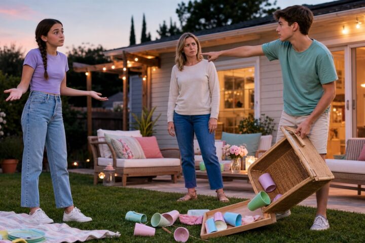 Teen boy points at his sister while holding a tipped picnic basket as their mother watches skeptically.