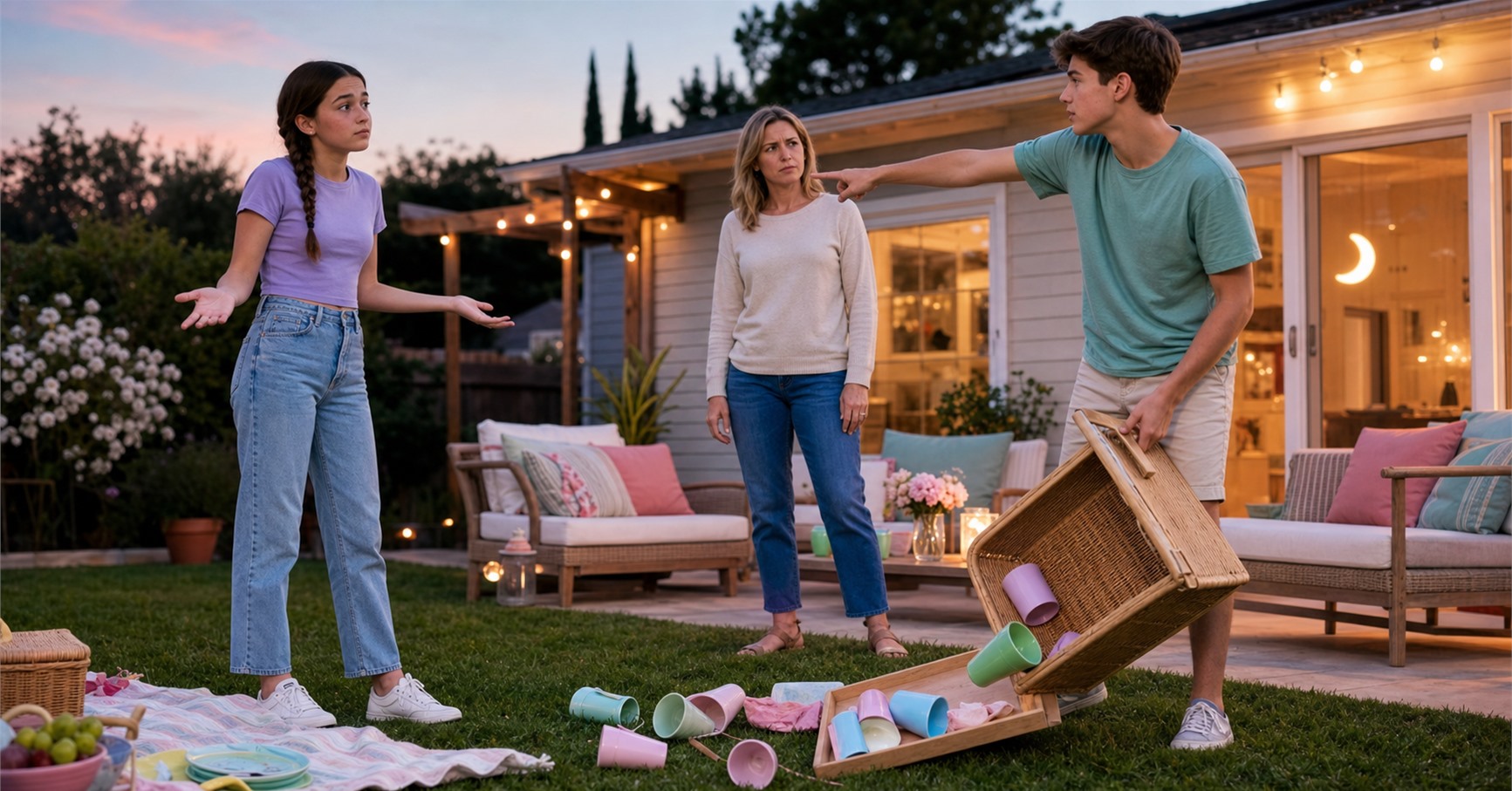 Teen boy points at his sister while holding a tipped picnic basket as their mother watches skeptically.