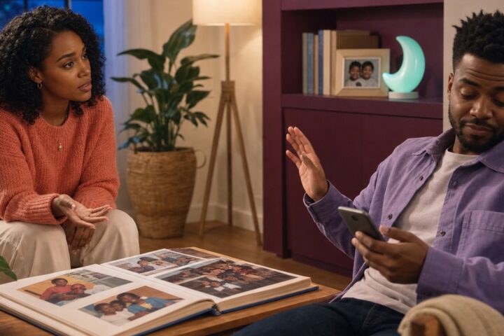 Woman speaks to her brother across a family photo album while he looks at his phone and waves her off.
