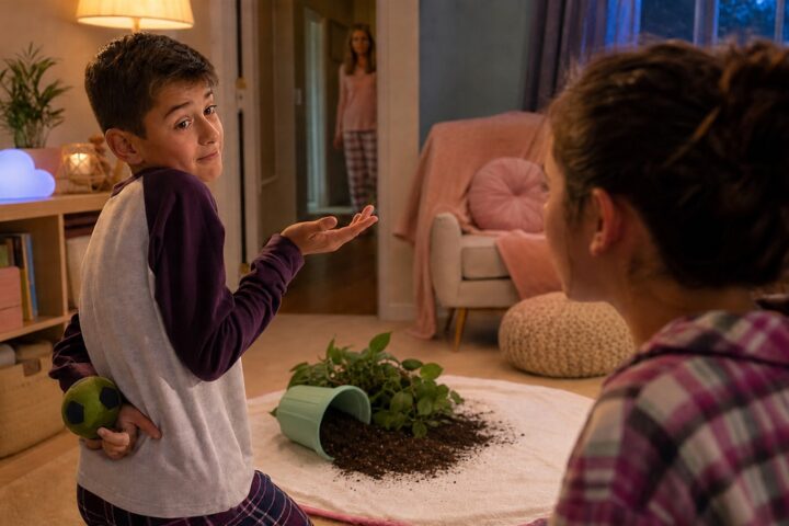 Boy hides a soft ball behind his back while shrugging to his skeptical sister beside a spilled planter.