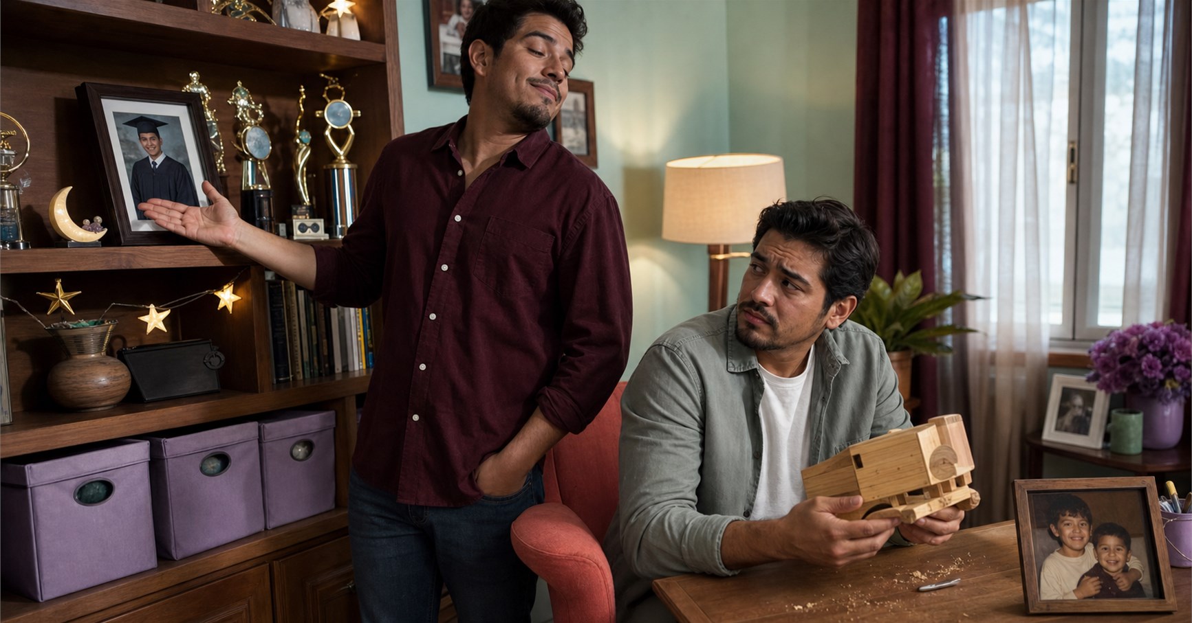 One brother gestures smugly at his trophies while the other looks hurt holding a handmade wooden truck.