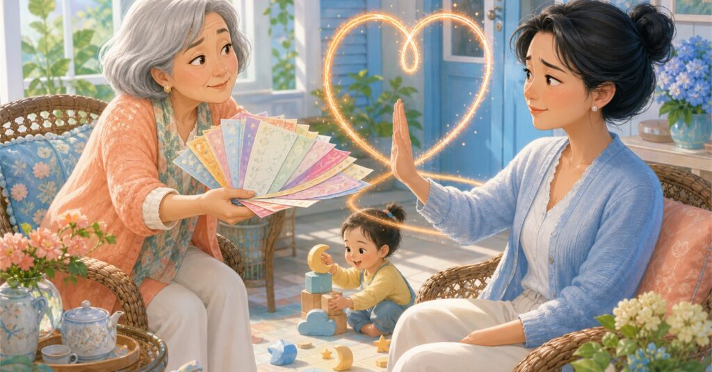 Grandmother offers colorful advice cards as her daughter raises a gentle pause hand beside their toddler.