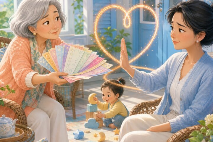 Grandmother offers colorful advice cards as her daughter raises a gentle pause hand beside their toddler.