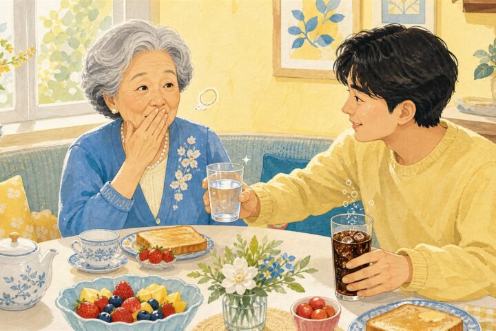 Elderly woman covers her mouth at breakfast while her grandson offers still water beside a bubbling soda.