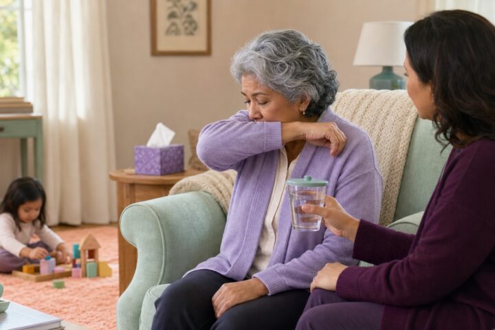 Grandmother covering a cough while a family member offers water in a cream, lavender, and mint living room