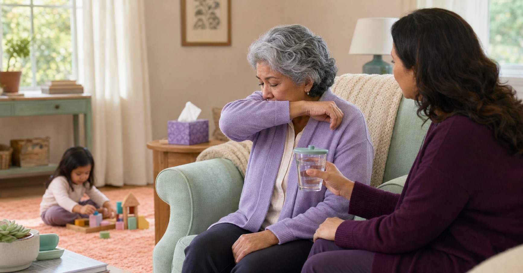 Grandmother covering a cough while a family member offers water in a cream, lavender, and mint living room