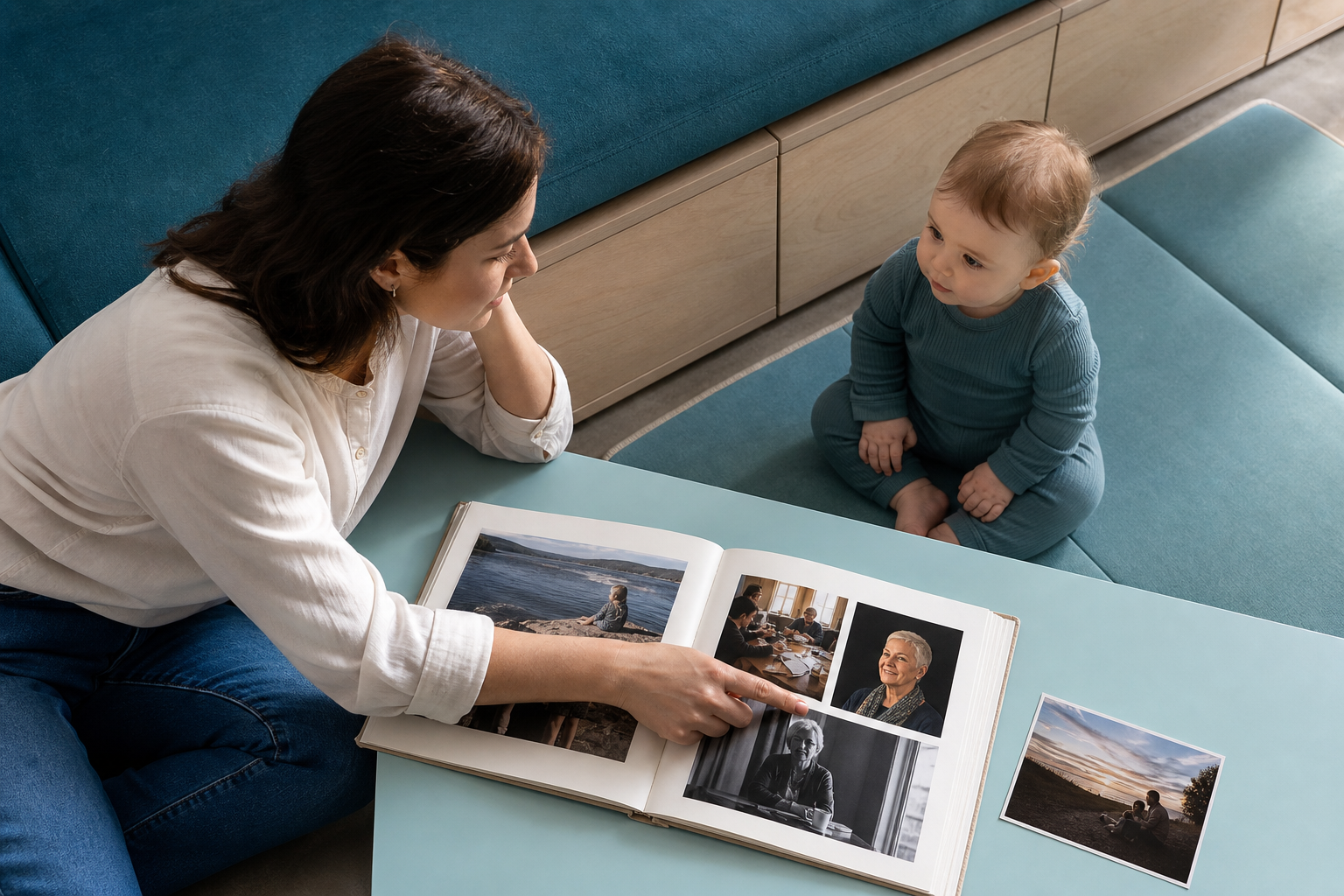 Parent points to a grandmother's portrait in a family album as their seated baby watches nearby.