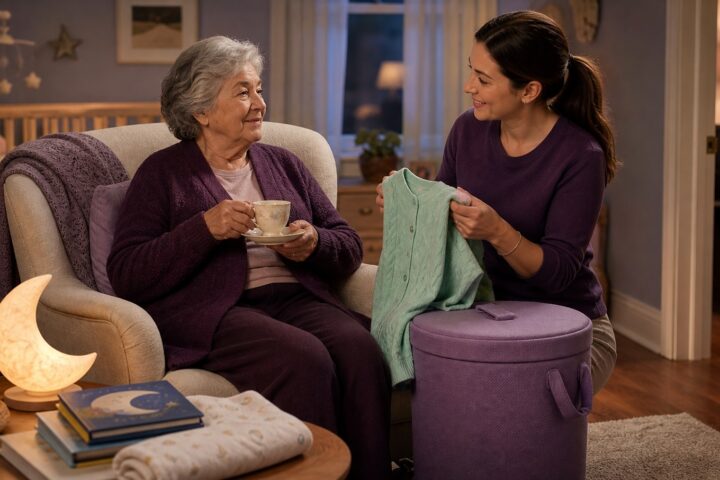 Grandmother smiling as a family member offers a fresh mint cardigan beside a closed lavender hamper