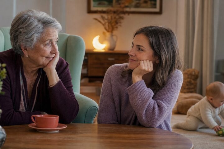 Grandmother gazing warmly at an adult grandchild while a baby plays safely on a cream floor mat