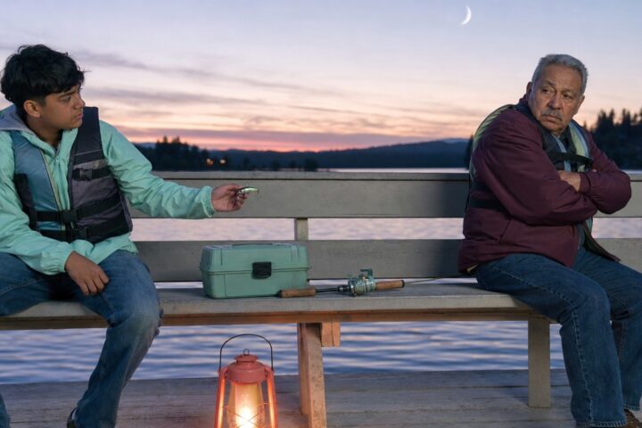 Teenage grandson offers a fishing lure to his guarded grandfather as they sit apart on a lakeside pier at dusk.