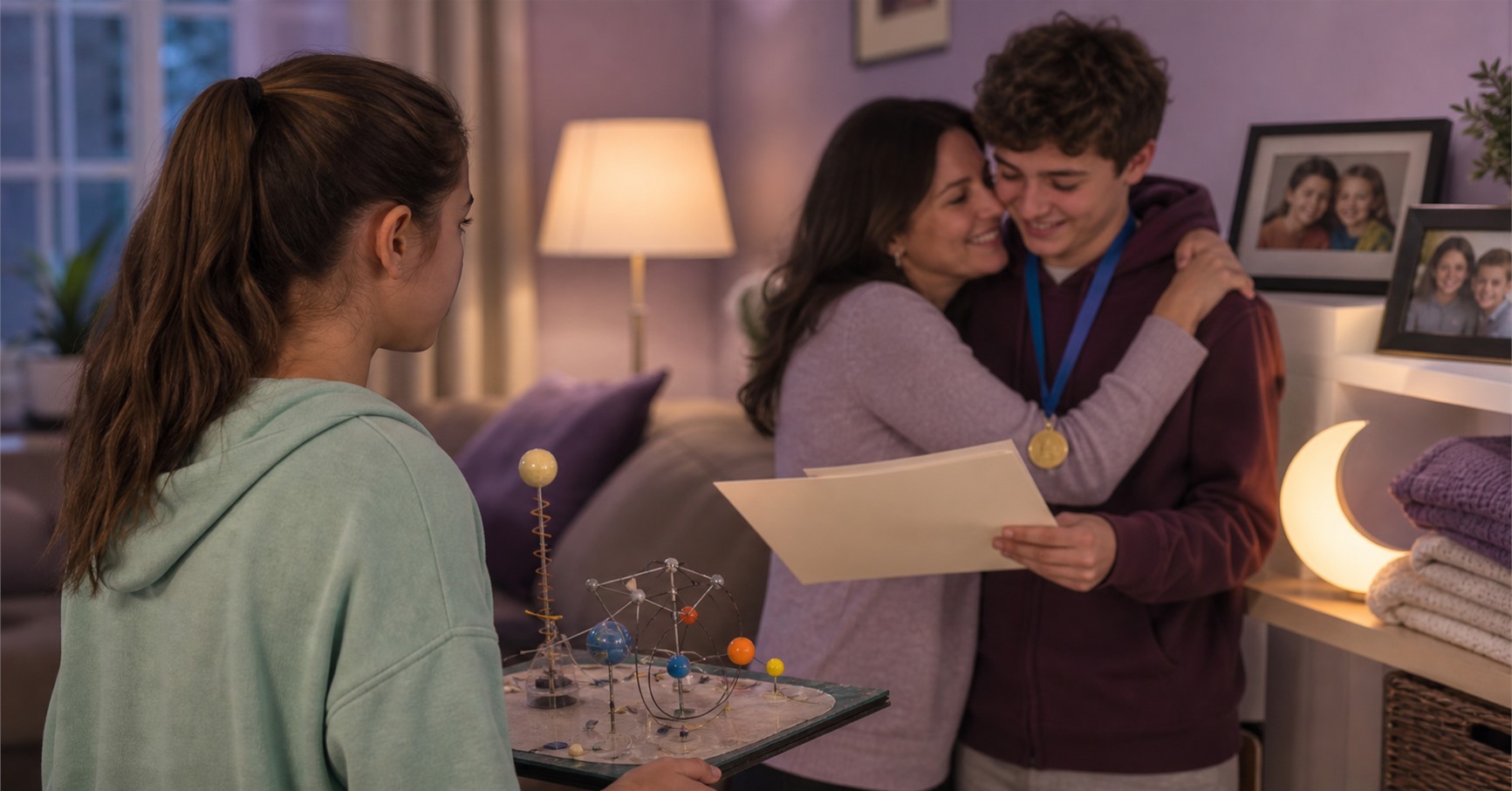 A younger girl waits with a science project while her mother hugs her medal-winning older brother without noticing her.