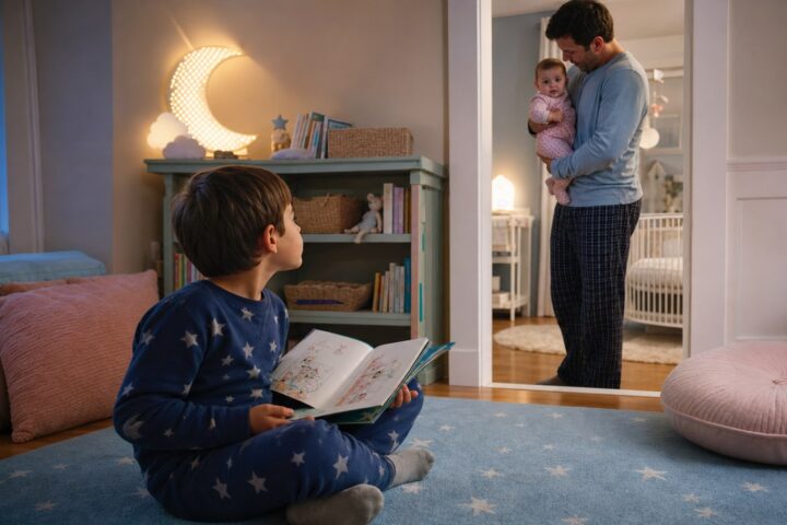 Boy in star pajamas waits with an open book while his father holds his baby sister near the nursery.