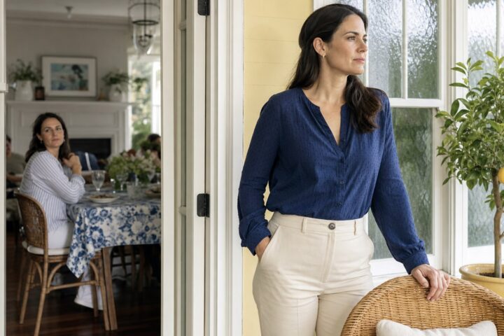 Woman pauses in a sunny lemon-colored sunroom while her sister watches from the family dining room.