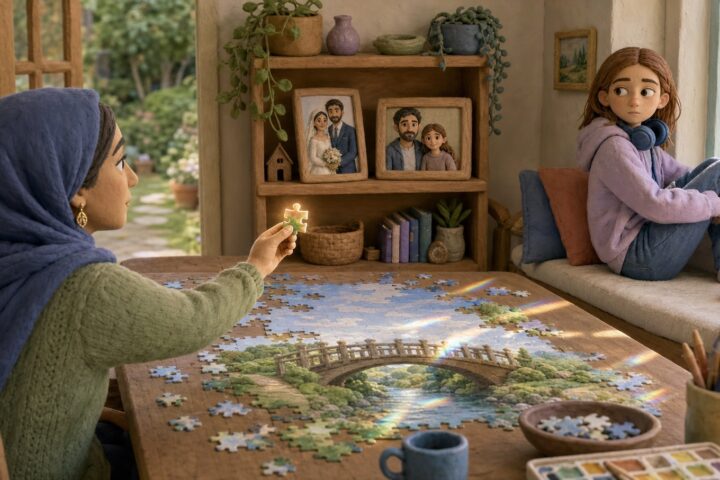 Woman in a blue headscarf offers a puzzle piece across a table while a withdrawn teenager glances back from a window seat.