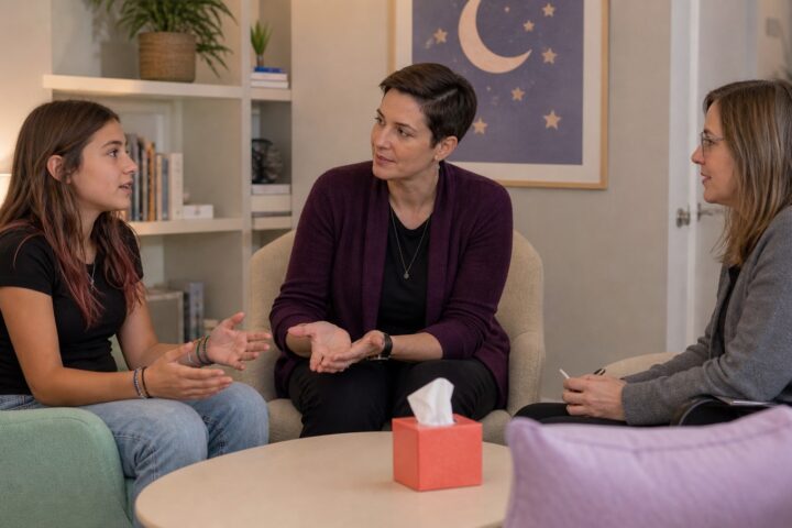 Teenage stepdaughter speaking with a listening stepparent and family counselor beneath moon artwork