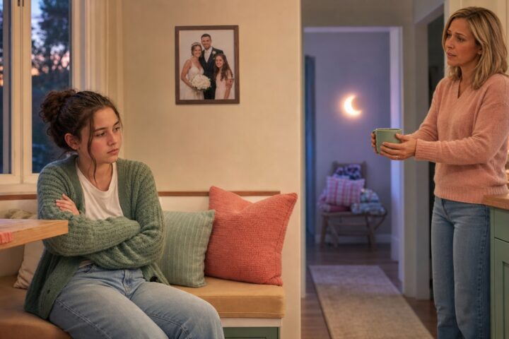 Teen girl sits with folded arms as her stepmother offers a warm mug across a kitchen at dusk.