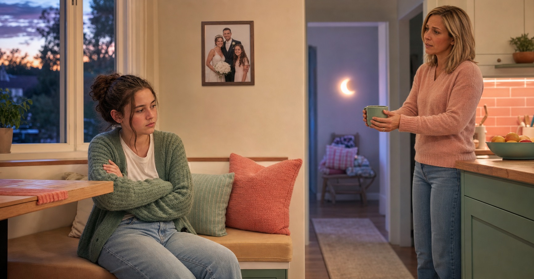Teen girl sits with folded arms as her stepmother offers a warm mug across a kitchen at dusk.