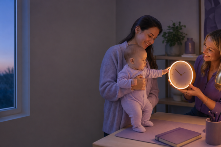 Alert baby reaches toward a glowing clock with caregiver and sleep coach in a blue-hour workspace