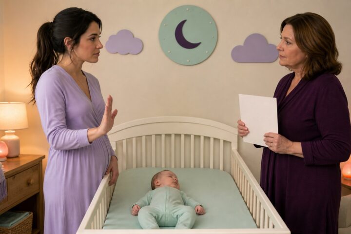 A mother uses a calm open-palm boundary gesture while an aunt pauses with a blank bedtime card beside a safely sleeping baby.