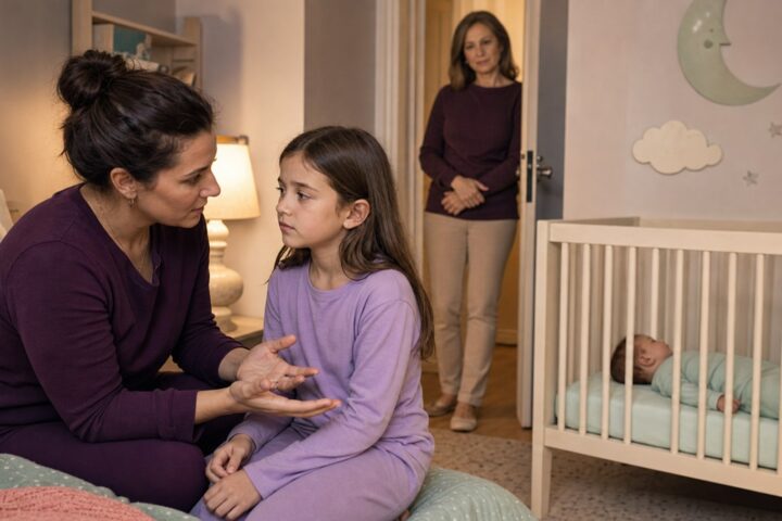 A parent listens calmly to a hurt school-age child while an aunt waits at a respectful distance and a baby sleeps safely nearby.
