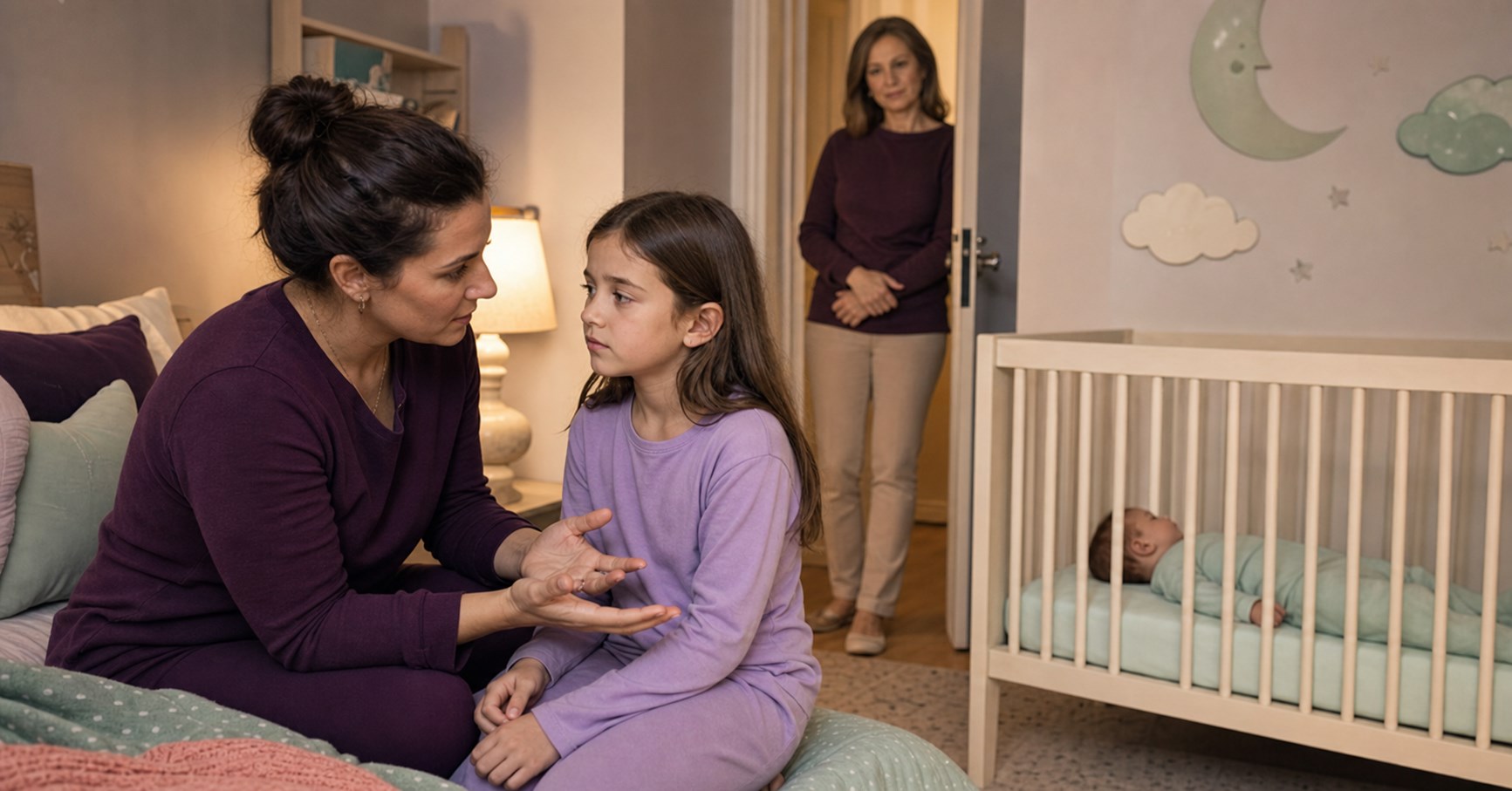 A parent listens calmly to a hurt school-age child while an aunt waits at a respectful distance and a baby sleeps safely nearby.