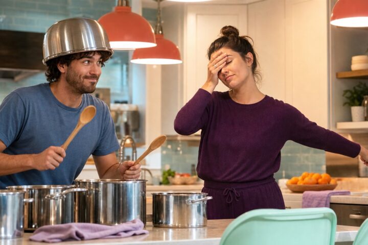 A man wears a mixing bowl as a helmet and raises wooden spoons over cooking pots while his sister facepalms and points toward a baby monitor.