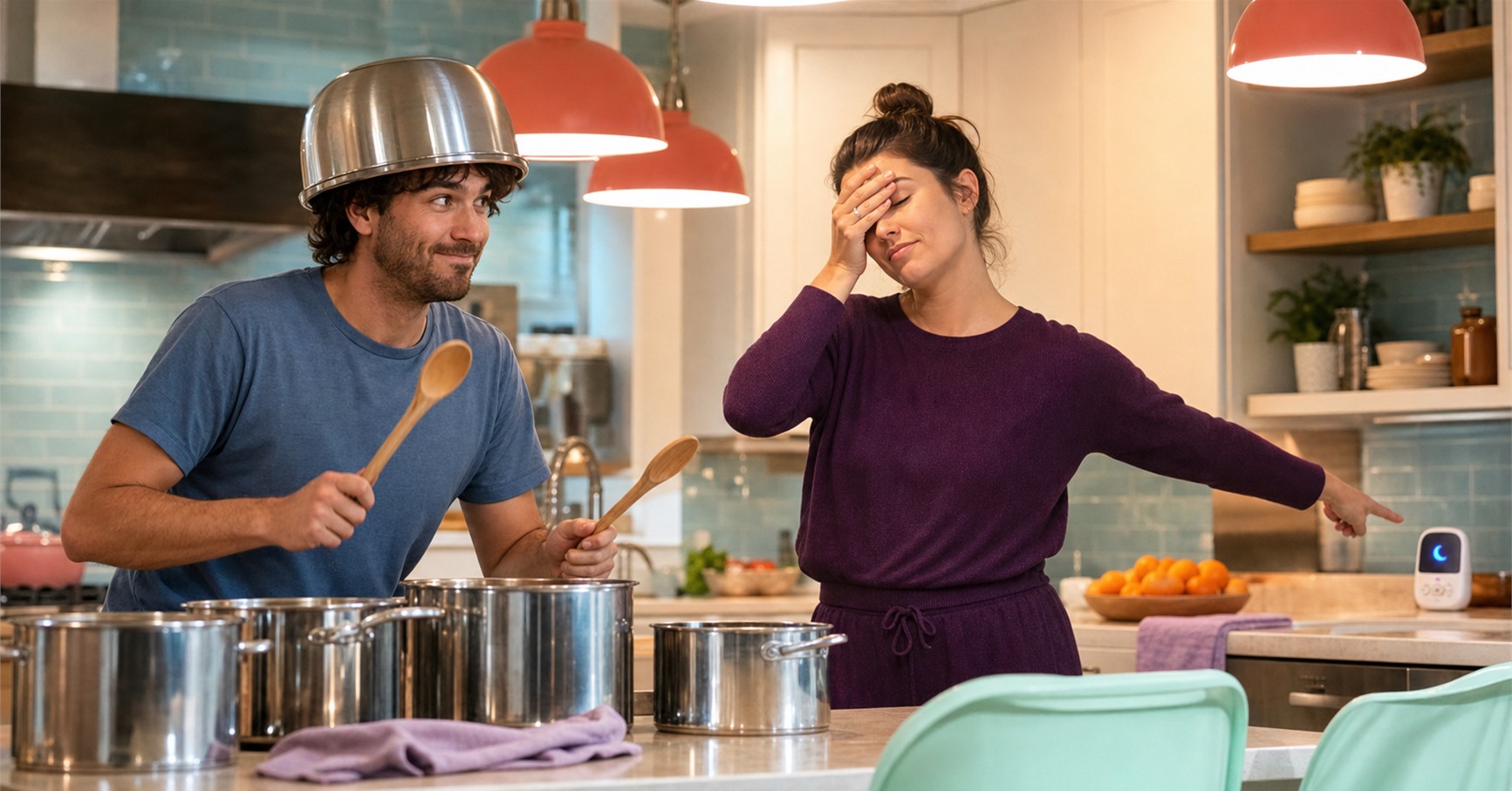 A man wears a mixing bowl as a helmet and raises wooden spoons over cooking pots while his sister facepalms and points toward a baby monitor.