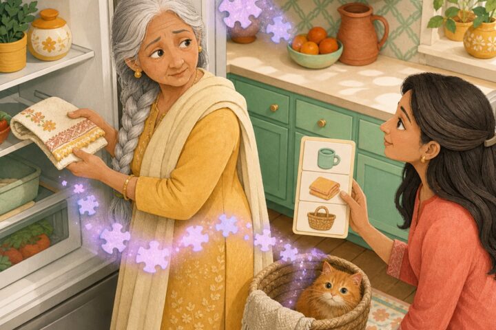 A grandmother holds a tea towel by an open refrigerator as her granddaughter shows a picture routine card and glowing puzzle pieces lead to a linen basket.