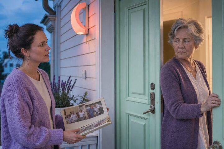 Grandmother starts closing a mint front door as her adult granddaughter holds an open family album on the porch.