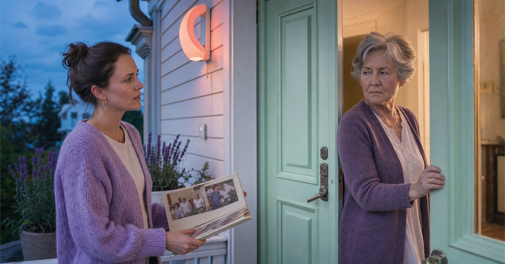 Grandmother starts closing a mint front door as her adult granddaughter holds an open family album on the porch.