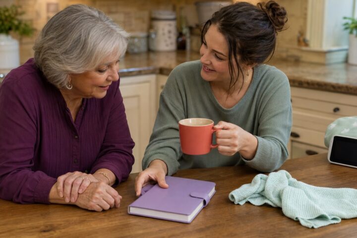 Grandmother and adult grandchild smiling beside a closed lavender planner, coral mug, and baby monitor