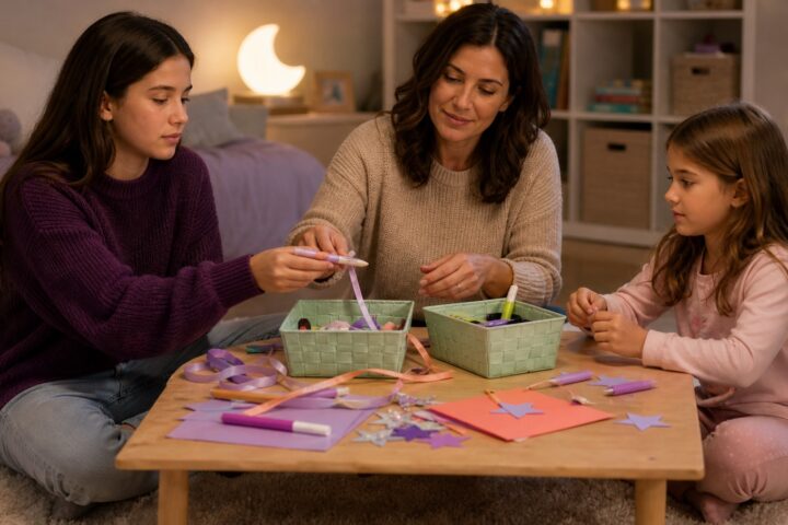 Teenage stepdaughter sharing lavender craft supplies with a younger sibling and stepparent at bedtime