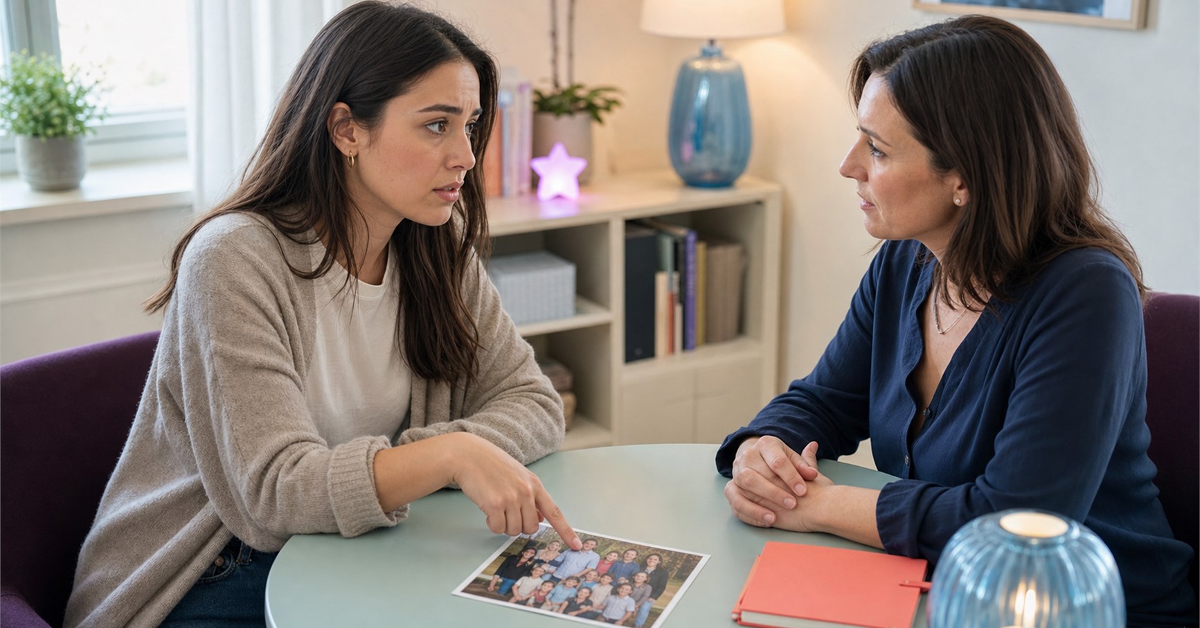 Concerned young adult woman points to an older man in a family photograph while a female counselor listens.
