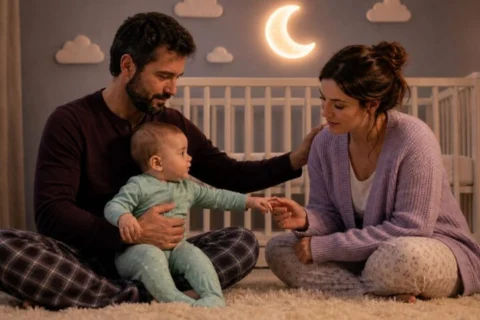 A baby held securely by the father reaches for the offered finger of the mother while he rests a reassuring hand on her shoulder.