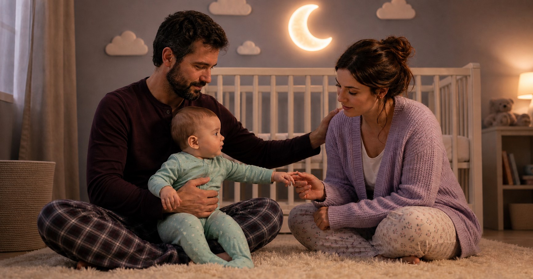 A baby held securely by the father reaches for the offered finger of the mother while he rests a reassuring hand on her shoulder.