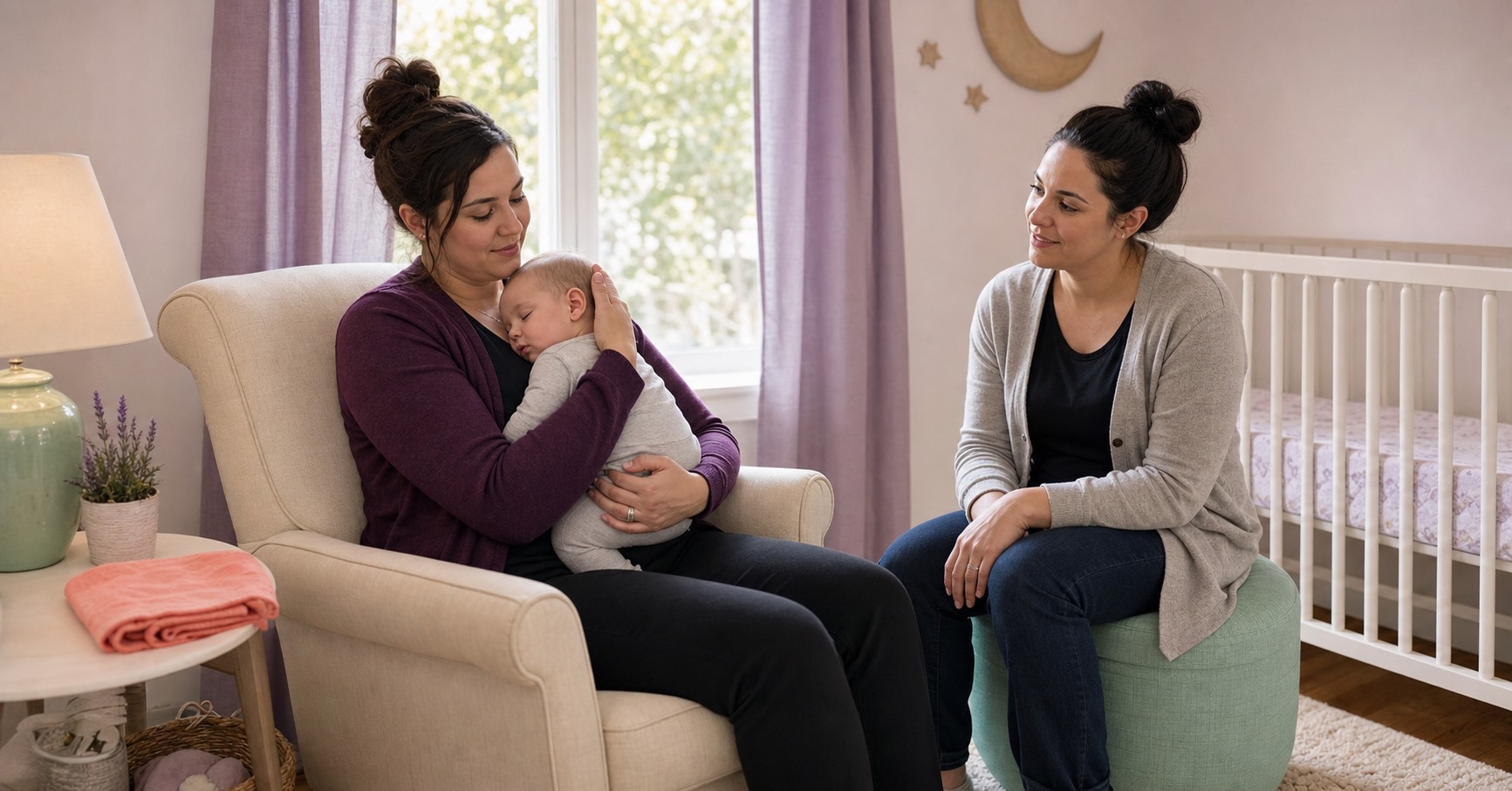 Awake caregiver sitting upright and holding a sleeping baby chest-to-chest while another adult supervises nearby