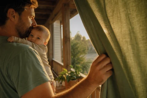 Father holding his baby while closing a sage porch curtain at sunset