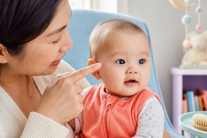 Mother points near the fine, sparse eyebrow of her awake baby seated securely on her lap.