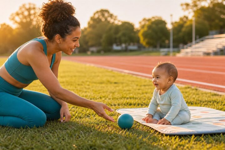 Athletic mother rolling a teal ball to her seated baby on a play mat beside a running track at sunrise.