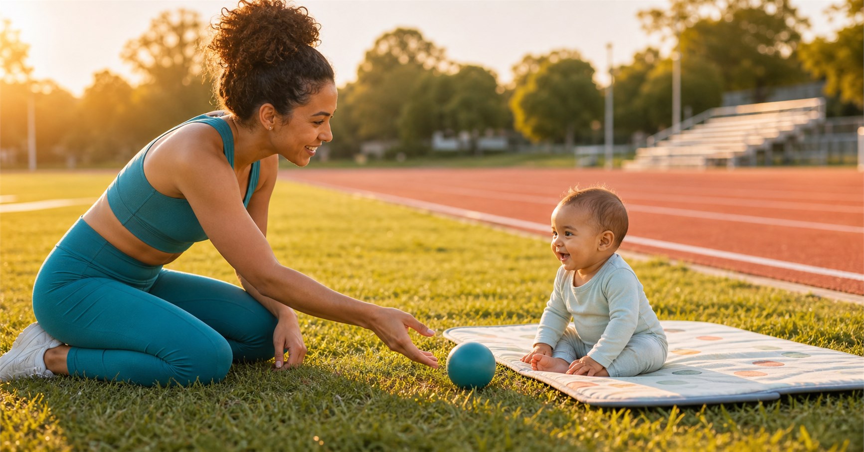 Athletic mother rolling a teal ball to her seated baby on a play mat beside a running track at sunrise.