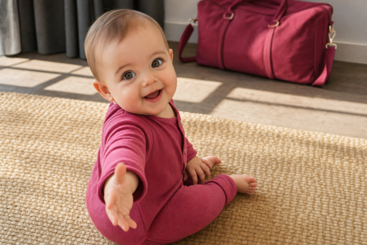 Smiling baby in raspberry romper reaches across a hotel room rug