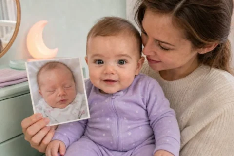 Parent holds a newborn photo beside an older baby whose eyebrows are now more visible.