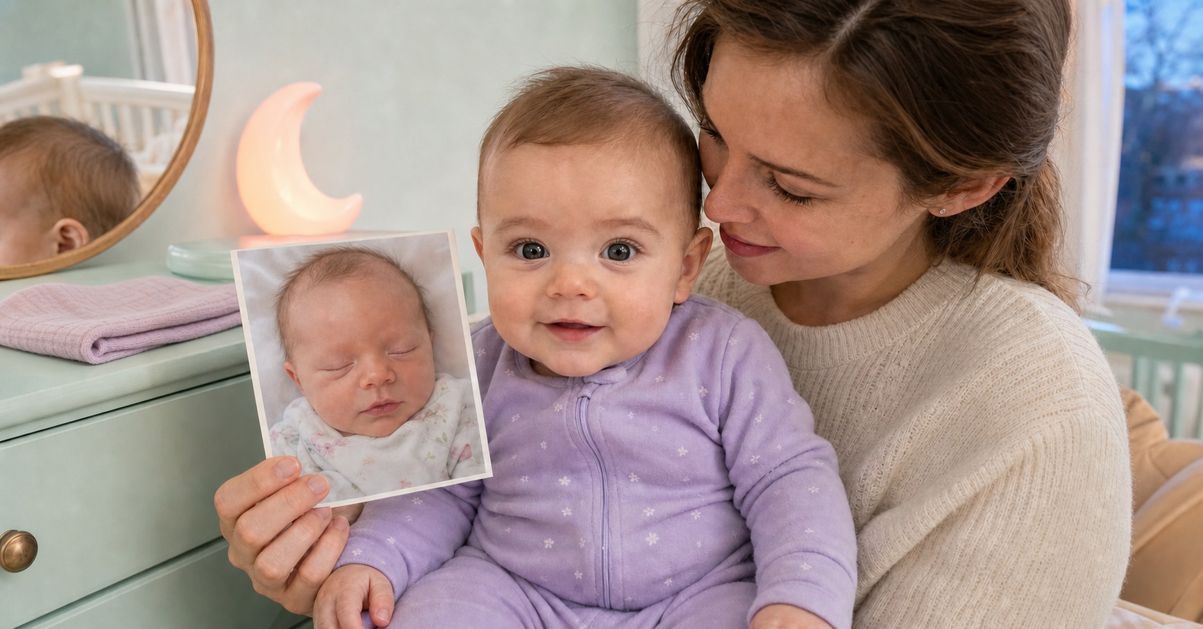 Parent holds a newborn photo beside an older baby whose eyebrows are now more visible.