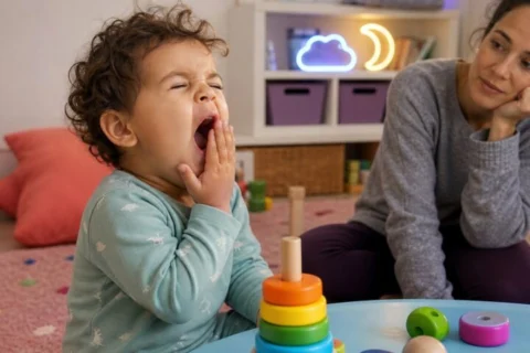 Sleepy toddler yawns with a hand over their mouth at a play table while a parent watches nearby