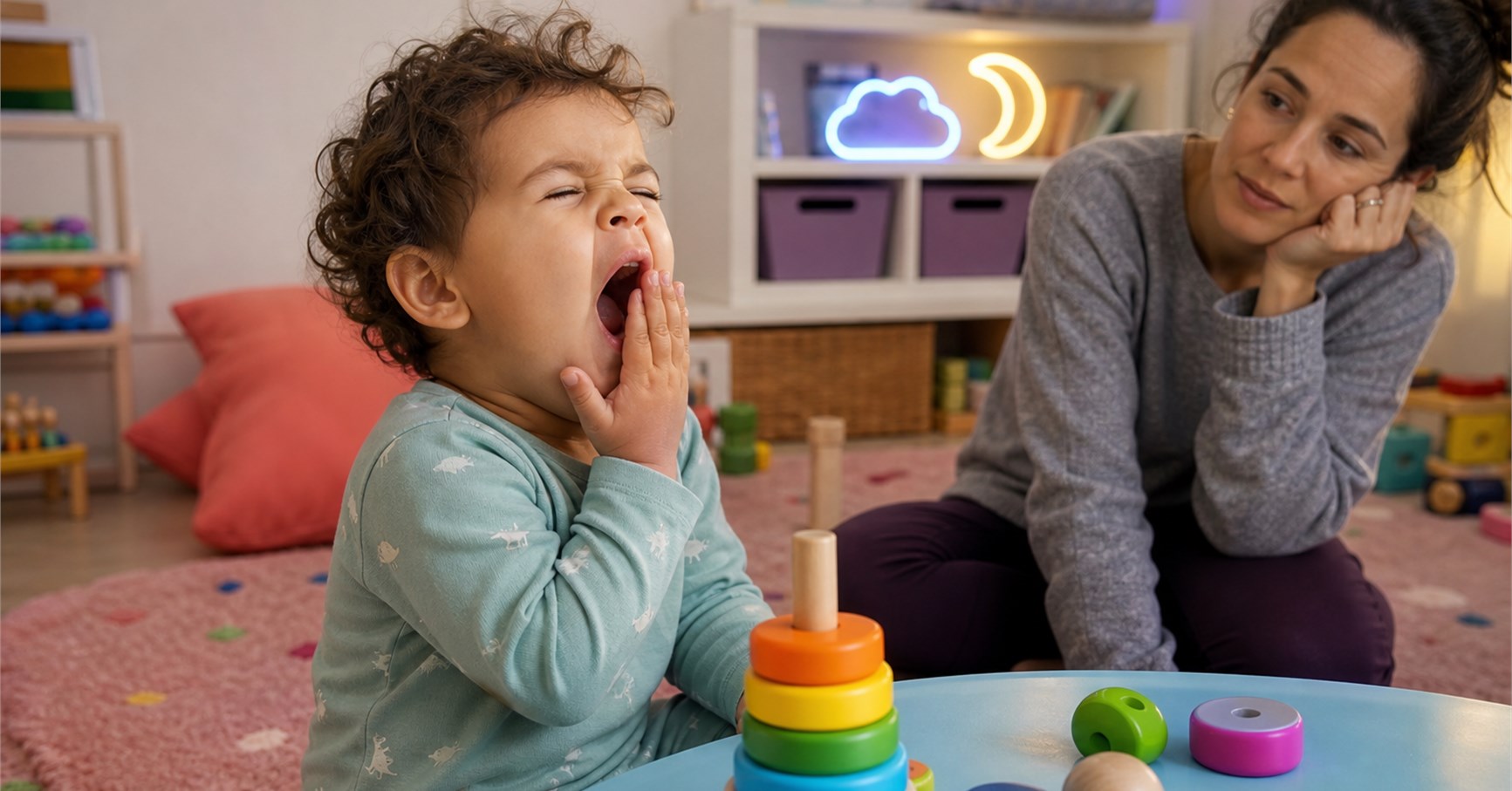 Sleepy toddler yawns with a hand over their mouth at a play table while a parent watches nearby