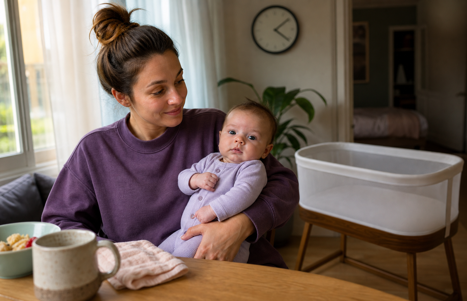 Parent holds an alert ten-week-old beside a wall clock and an empty bassinet in morning light