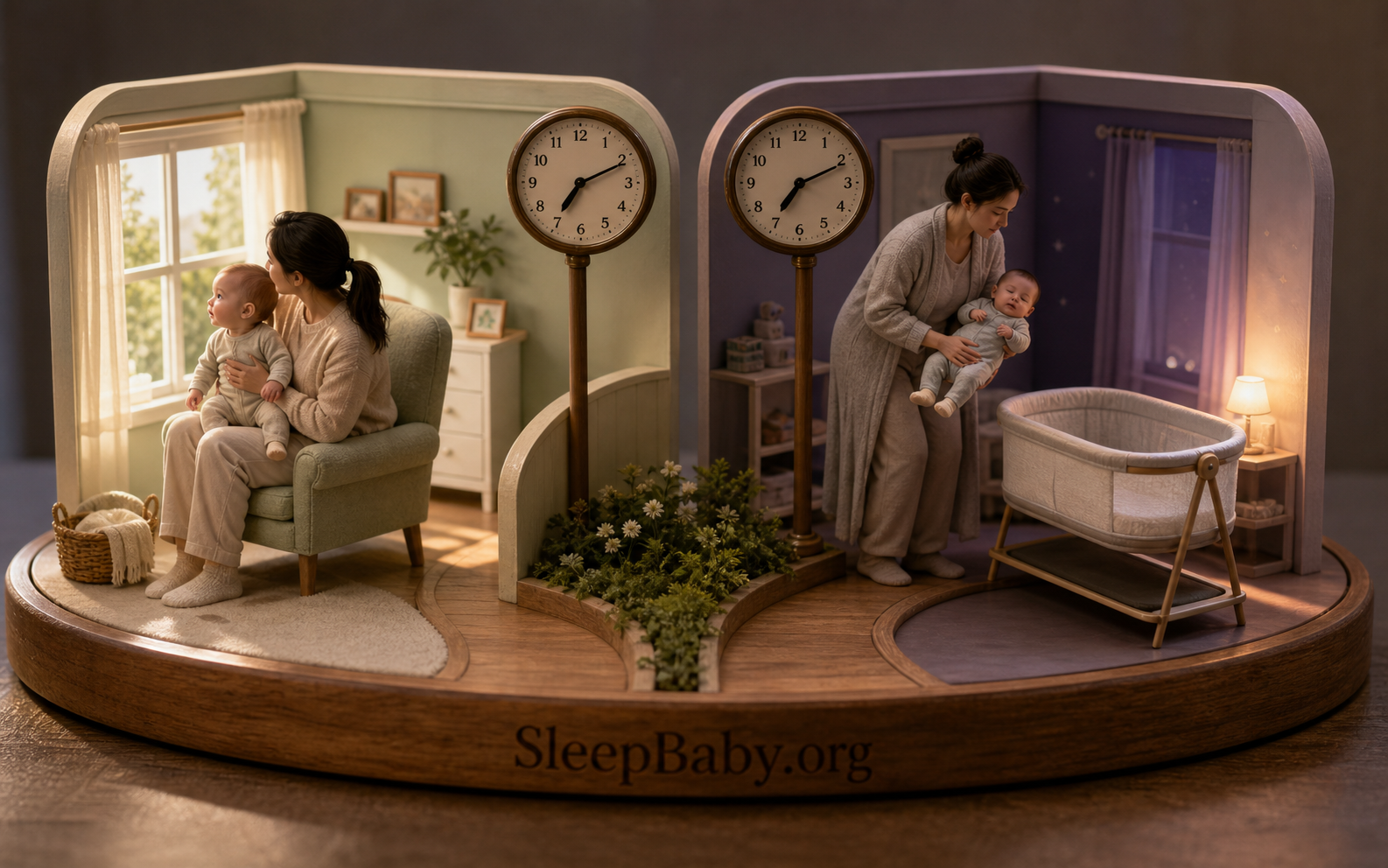 Miniature two-clock scene contrasts an alert morning baby with a winding-down bassinet handoff at the same time