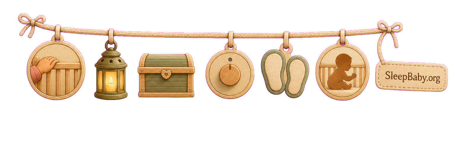 A steady-response ribbon with crib-rail hand, low lantern, closed toy chest, adjustment dial, quiet footsteps, and sitting-baby charms