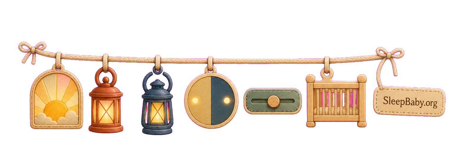 A two-nap decision ribbon with sunrise, two lanterns, timing dial, adjustment slider, and empty crib charms